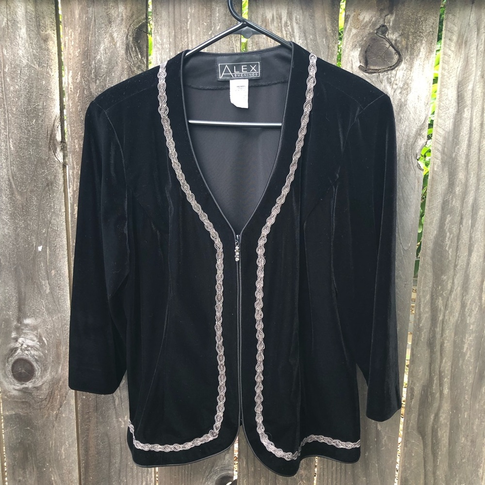Alex Evenings Black Velvet Embroidery Rhinestone Zip Up Dressy Jacket size XL